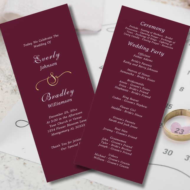 Burgundy White Elegant Script Fall Winter Wedding  Program (Creator Uploaded)