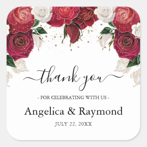 Burgundy  White Elegant Wedding Thank You Square Sticker