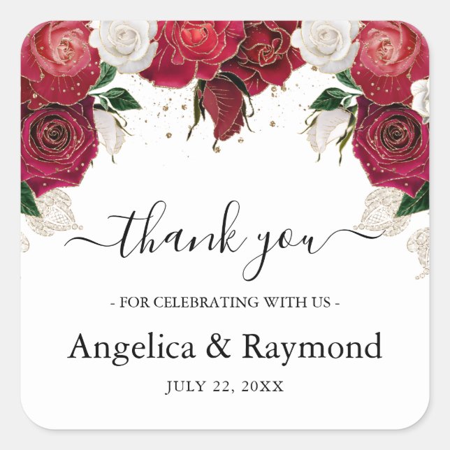 Burgundy & White Elegant Wedding Thank You Square Sticker (Front)
