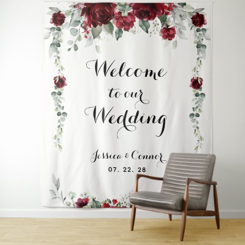 Burgundy White Eucalyptus Welcome To Our Wedding Tapestry