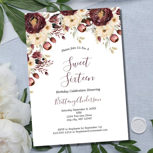 Burgundy White Floral Botanical Sweet Sixteen 16 Invitation