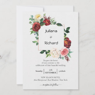 Burgundy White Floral Bouquet Frame Wedding Invitation