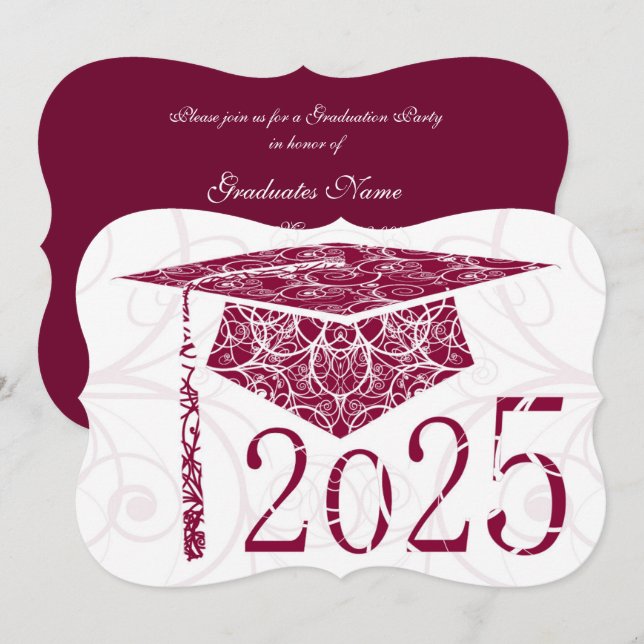 Burgundy & White Floral Cap 2025 Graduation Party Invitation (Front/Back)