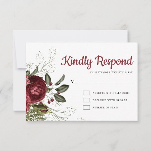 Burgundy  White Floral Chic Wedding RSVP Card