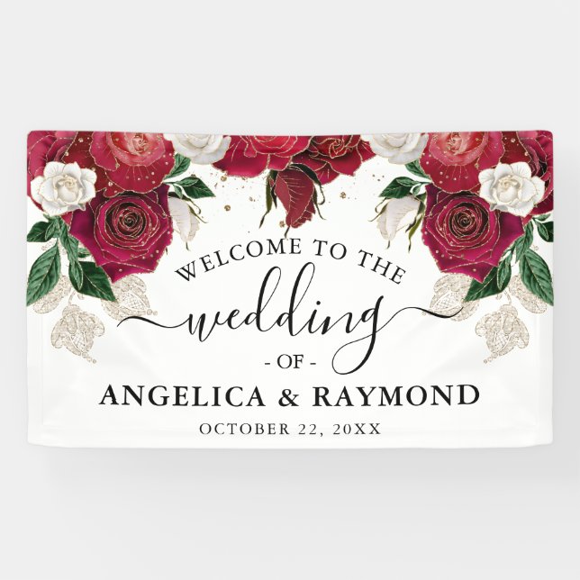 Burgundy & White Floral Elegant Wedding Welcome Banner (Horizontal)