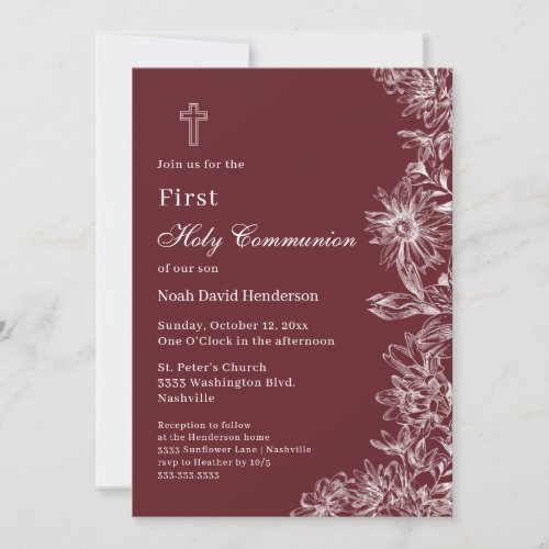 Burgundy White Floral First Holy Communion Invitation