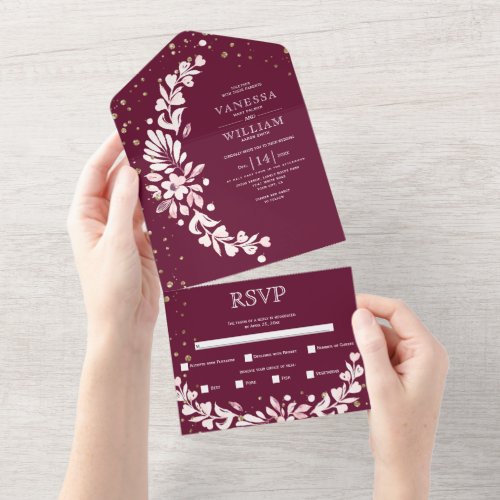 Burgundy white floral garland with hearts wedding all in one invitation