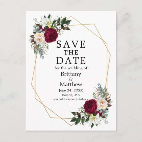 Burgundy White Floral Geo Frame Save The Date Postcard