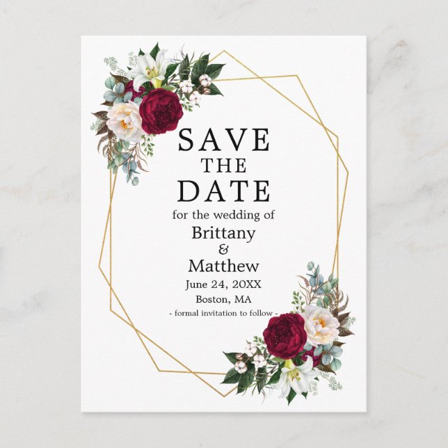 Burgundy White Floral Geo Frame Save The Date Postcard (Front)