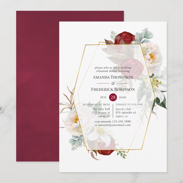 Burgundy & White Floral Geometric Rehearsal Dinner Invitation (Front/Back)