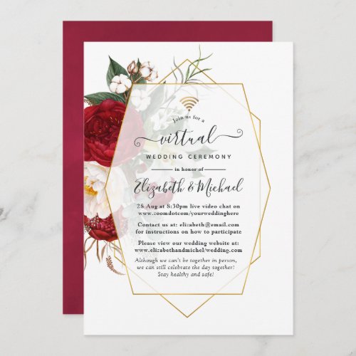 Burgundy  White Floral Geometric Virtual Wedding Invitation