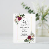 Burgundy White Floral Gold Frame Save The Date Postcard (Standing Front)