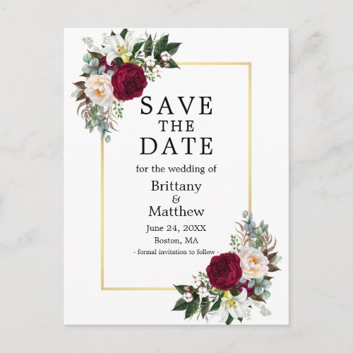 Burgundy White Floral Gold Frame Save The Date Postcard