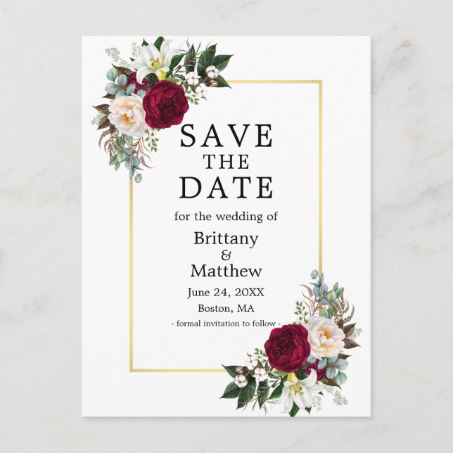 Burgundy White Floral Gold Frame Save The Date Postcard (Front)