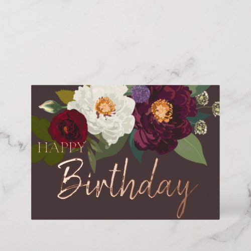 Burgundy White Floral Happy Birthday Real Gold Foil Holiday Card