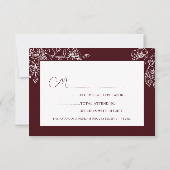 Burgundy White Floral Line Art RSVP Card (Front)