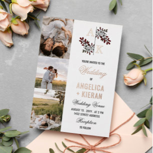 Burgundy White Floral Monogram Photos Wedding Foil Invitation