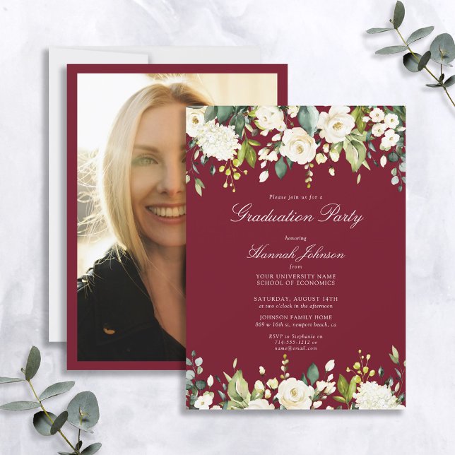 Burgundy White Floral Photo Graduation Party Invitation (Creator Uploaded)