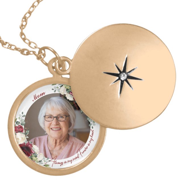 Burgundy White Floral Photo Memorial Keepsake Gold Plated Necklace (Front)