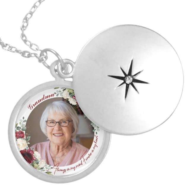 Burgundy White Floral Picture Memorial Keepsake Locket Necklace (Front)