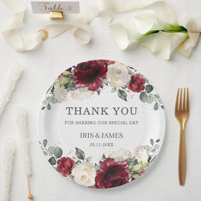 Burgundy White Floral Rose Wedding Shower Birthday Paper Plates (Wedding)