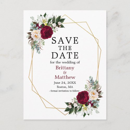 Burgundy White Floral Save The Date Geo Frame Postcard