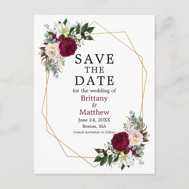 Burgundy White Floral Save The Date Geo Frame Postcard (Front)