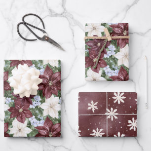 Burgundy White Floral Snowflakes Christmas Wrapping Paper Sheets