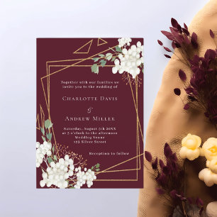 Burgundy white florals gold geometric wedding invitation