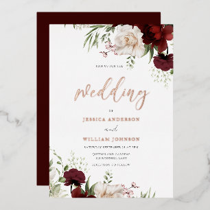 Burgundy & White Flowers Rose Gold Foil Wedding Invitation