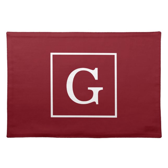 Burgundy White Framed Initial Monogram Cloth Placemat (Front)