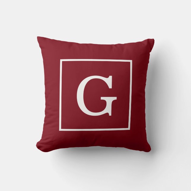 Burgundy White Framed Initial Monogram Throw Pillow (Front)
