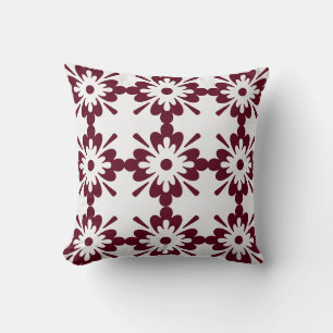 Burgundy & White Geometric Floral Pattern Throw Pillow