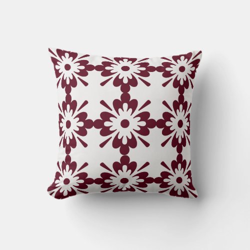 Burgundy  White Geometric Floral Pattern Throw Pillow