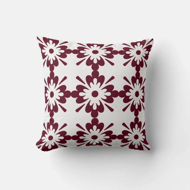 Burgundy & White Geometric Floral Pattern Throw Pillow (Front)