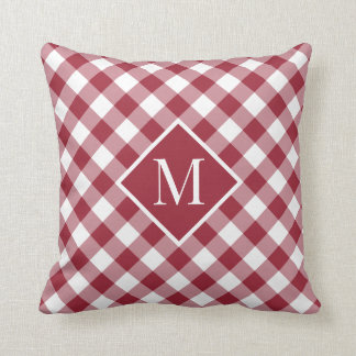 Burgundy White Gingham Check Pattern Chic Monogram Throw Pillow