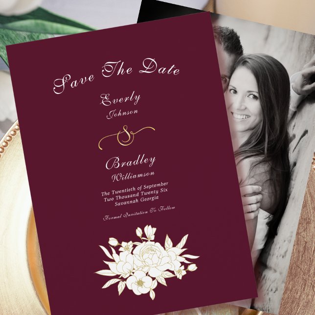 Burgundy White Gold Floral Roses Elegant Classic Save The Date (Creator Uploaded)