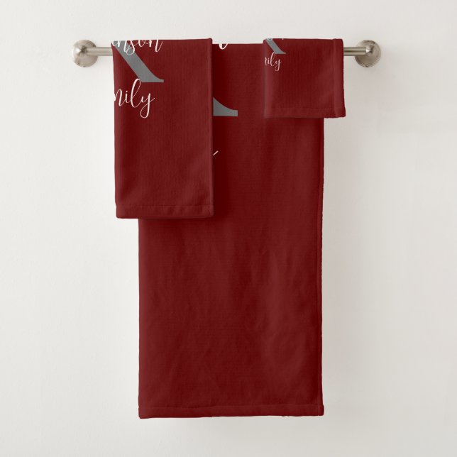 Burgundy White Gray Family Name Monogram  Bath Towel Set (Insitu)
