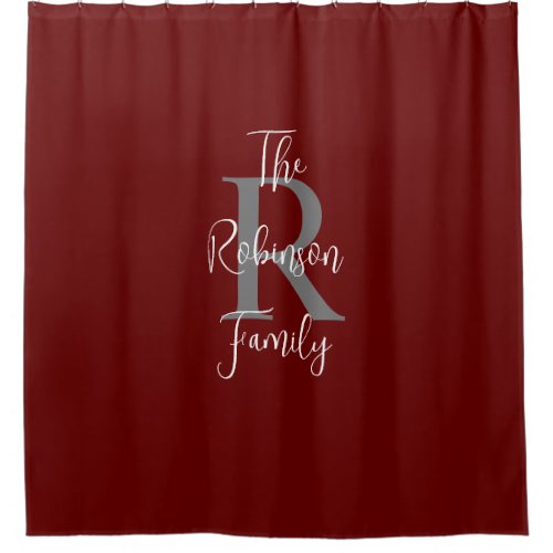 Burgundy White Gray Family Name Monogrammed  Shower Curtain