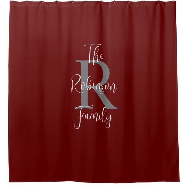 Burgundy White Gray Family Name Monogrammed  Shower Curtain (Front)