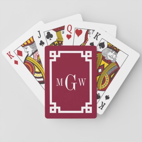 Burgundy White Greek Key 2 Framed 3 Init Monogram Poker Cards