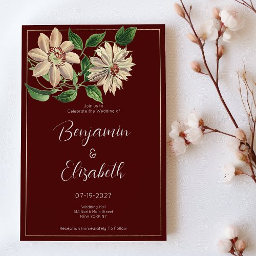 Burgundy white green floral botanic Wedding  Invitation
