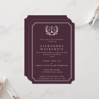 Burgundy/White JD Law Scales + Laurel Graduation Invitation