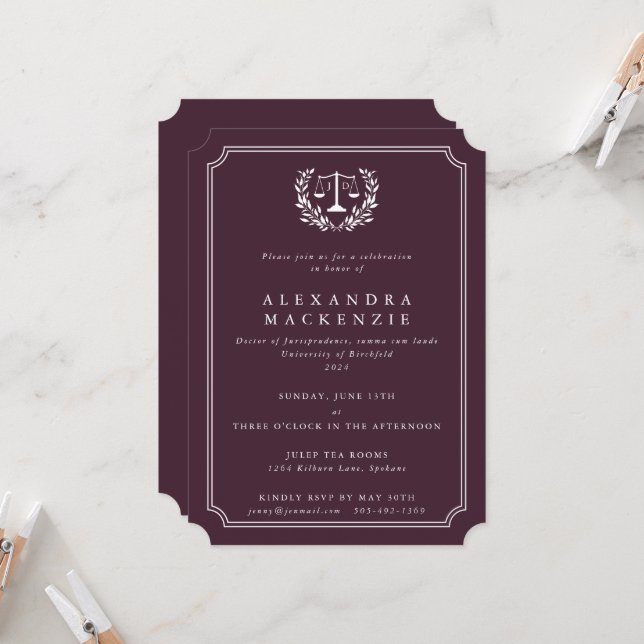 Burgundy/White JD Law Scales + Laurel Graduation Invitation (Front/Back In Situ)