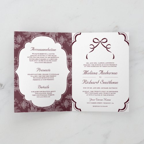 Burgundy White Lace Coquette Bow QR Code Wedding Invitation