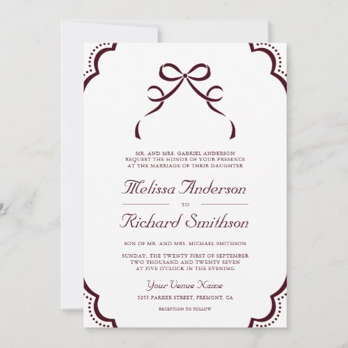 Burgundy White Lace Coquette Bow QR Code Wedding Invitation