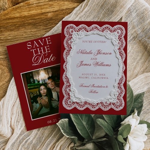 Burgundy White Lace Doily Old Money Photo Wedding Save The Date