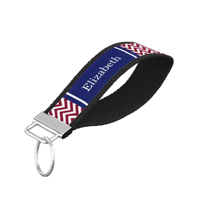 Burgundy White LG Chevron Navy Blue Name Monogram Wrist Keychain (Angled Down)