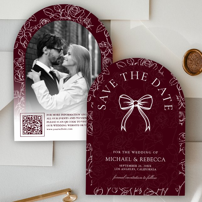 Burgundy White Line Art Bow Photo Wedding Save The Date (Creator Uploaded)