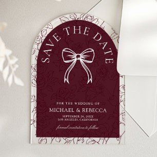 Burgundy White Line Art Bow Wedding Save the Date
